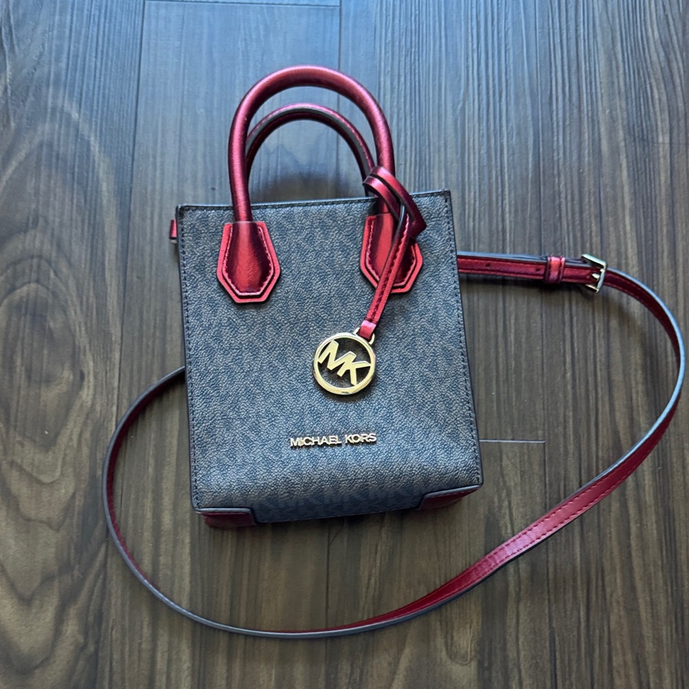 Michael Kors Brown Logo Crossbody with Burgundy Trim and Gold Hardware